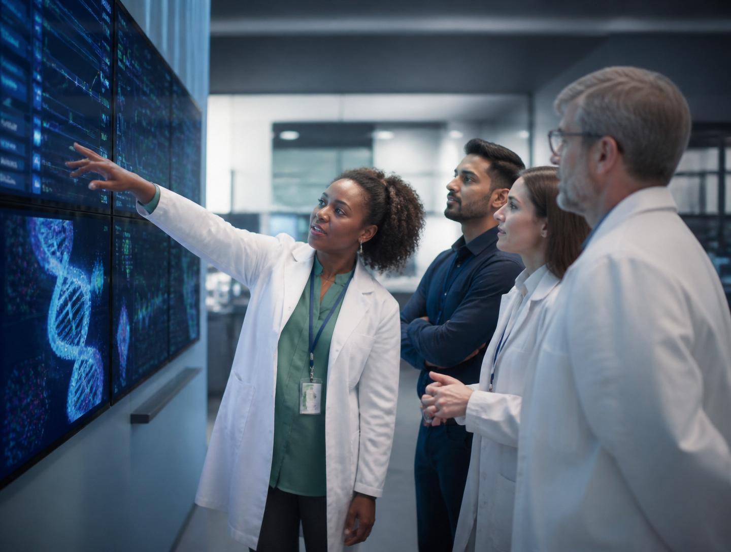 Laboratory operations team reviewing AI-driven workflow dashboards