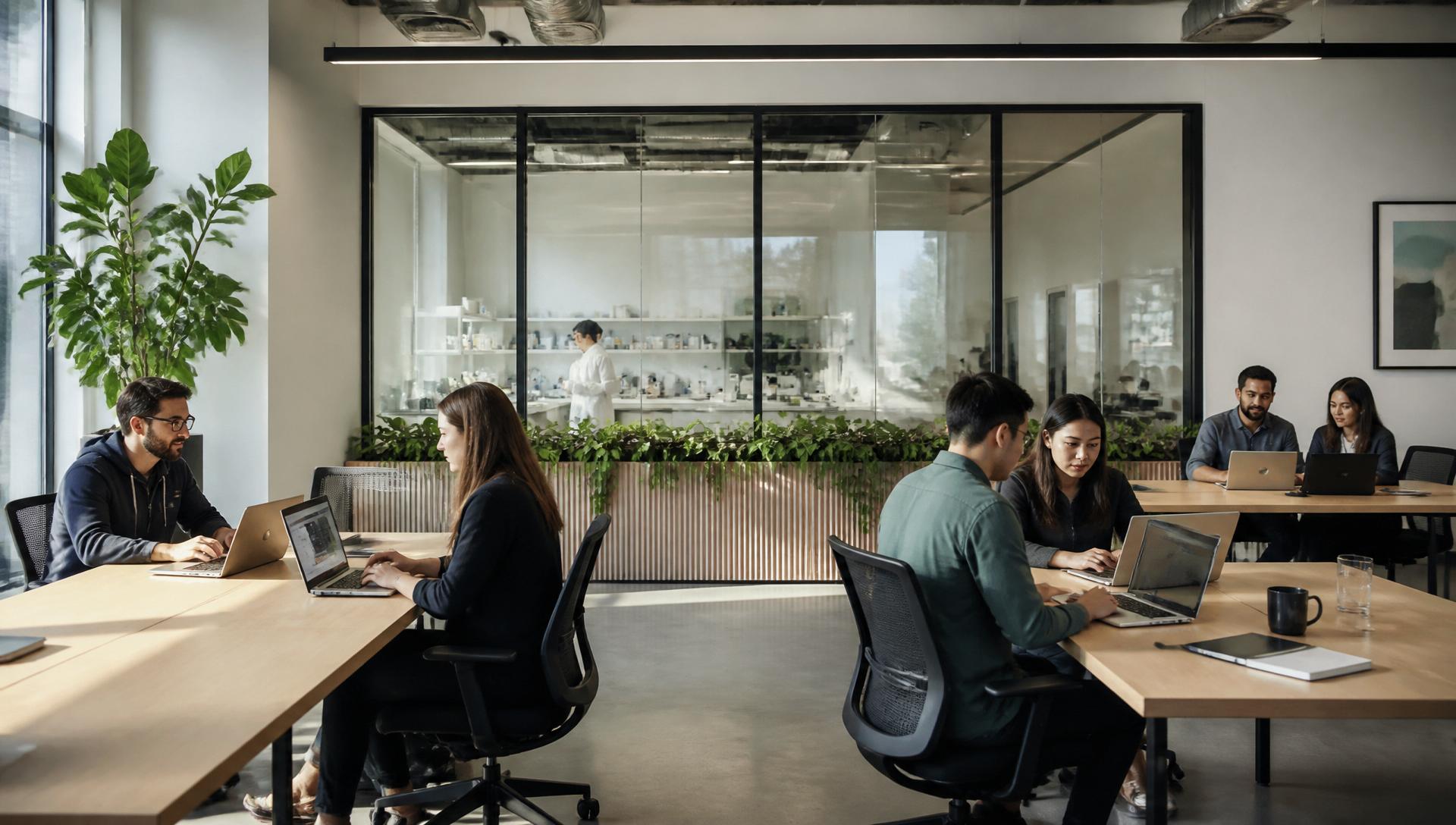 Modern company headquarters with collaborative teams